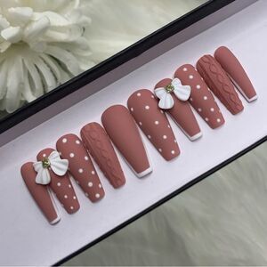 Elegant Bow Nude Press On Nails | Handmade Press On Nails | Fake Nails